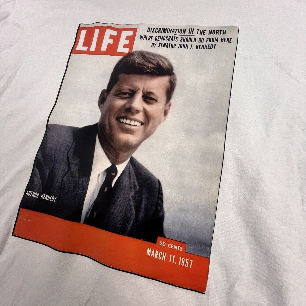 LIFE Magazine John F. Kennedy Graphic T Shirt White 2XL Cotton Tee Retro Print